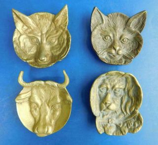 4 Antique Brass Animal Head Change & Pin Trays Cat Fox Bull & Dog C1890 - 1900s