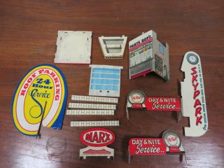 Marx Toy Gas Station Tin Building Parts Signs And More