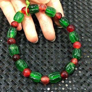 Rare Natural Red & Green Jadeite Jade Melon Beads Collectible Chinese Bracelet