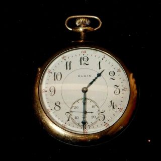 Vntg Elgin Pocket Watch Second Bit Running 1924 Gold Filled Case 1 7/8 " Dia