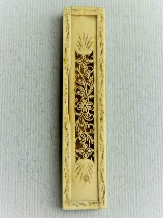 Exceptional Antique Rare Needle Case Bone Finely Carved Floral Decor 1820c