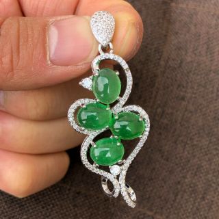 Chinese Handwork S925 Silver & Natural Jadeite Jade 4 Green Beads Bird Pendant