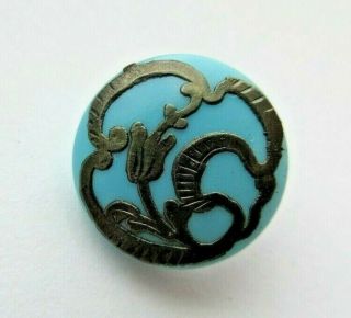 Most Stunning Antique Vtg Victorian Turquoise Glass Button Inset Silver (v)