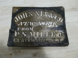 Ca.  1900 - 10 Brass Stencil John Nix & Co,  York From Ps Miller,  Claverack,  Ny