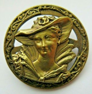 Lovely Antique Vtg Victorian Metal Picture Button Ladies Head Hat 1 - 1/8 " (v)