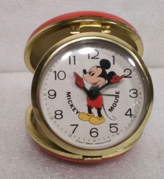 Terrific Mickey Mouse Mechanical Travel Alarm Clock In Flashy Red Travel Case