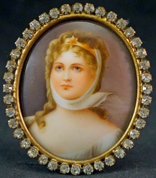 Antique Victorian Miniature Girl Portrait Painting On Porcelain Rhinestone Frame