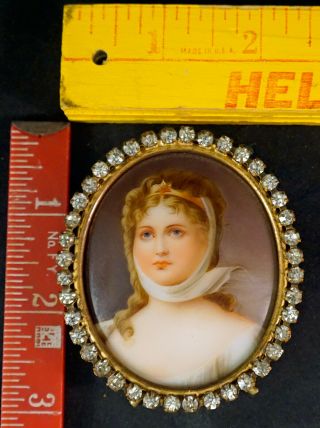 Antique Victorian Miniature Girl Portrait Painting on Porcelain Rhinestone Frame 7
