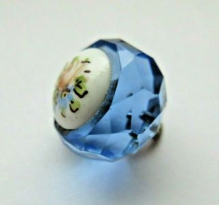 Most Stunning Antique Vtg Faceted Azure Blue Glass Button Inset White Glass (u)