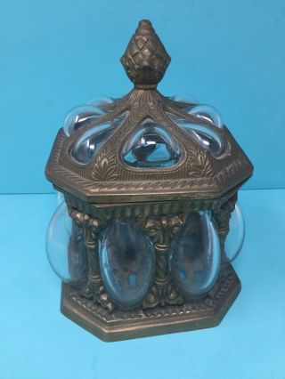 Vintage Brass Blown Cage Glass Lidded Jar