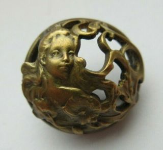 Exquisite Antique Vtg Metal Openwork Picture Button Art Nouveau Woman 3/4 " (u)