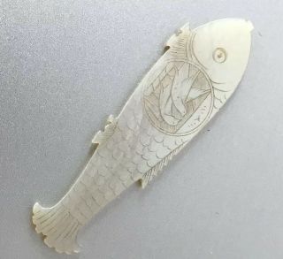 Rare Antique Chinese Mother Of Pearl Gaming Counter Fish Chip