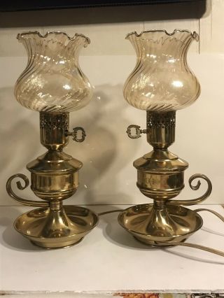 Antique Brass Lamps With Amber Hurricane Shades,  Rare,  Large.