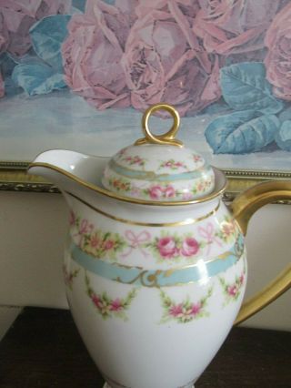 Antique Limoges Elite France Hand Painted Chocolate Pot Pink Roses Flowers Gold 2