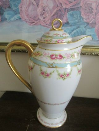 Antique Limoges Elite France Hand Painted Chocolate Pot Pink Roses Flowers Gold 7