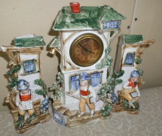 Rare Antique Grafenthal German 3 Piece Porcelain Key Wind Desk Or Mantel Clock