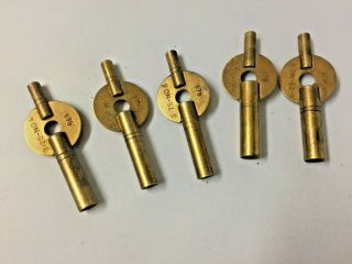 Clock Keys Carriage Mantle No: 4,  5,  6.  7.  8 Set Of 5 Brass Winders Old Stock