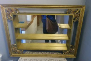 Atq/vtg 36x28 " Gold Wooden Shadowbox Mirror Display Shelf W/ Ornate Carved Frame