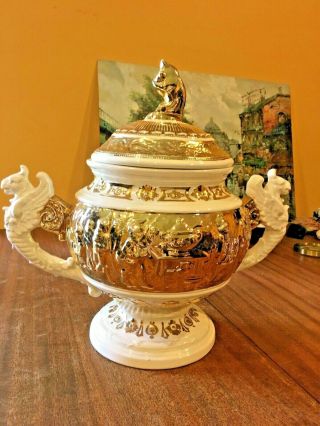 Unusual Vintage Porcelain Soup Tureen w/12 Elfs 2 Griffins Cat w/fish in mouth 2