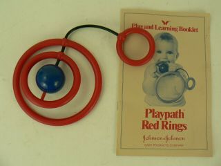 Johnson & Johnson Vintage Baby Rattle Red Round Rings Teether Toy 1977 W/booklet