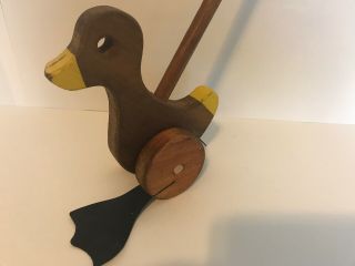RARE Duck Vintage Pull/Push Toy Wooden Wheels Rubber Flippers 2