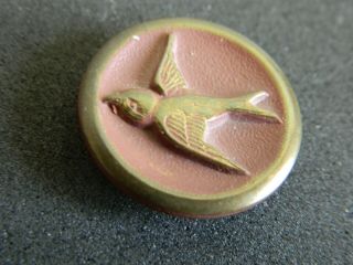 Antique Vtg Brass Picture Button Bird Swallow W Pink Luster