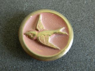 Antique Vtg Brass Picture Button BIRD Swallow w Pink Luster 2