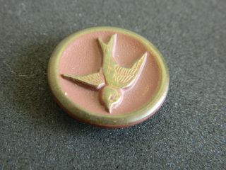 Antique Vtg Brass Picture Button BIRD Swallow w Pink Luster 3