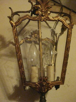 Vintage Metal Hall Ceiling Fixture With 4 Glass Side Panes Ornate
