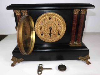 Antique 1920s Sessions Mantle Shelf 8 - Day Clock Footed W Columns For Restoration