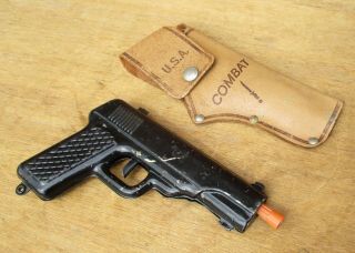 Vintage U.  S.  A.  Combat Toy Metal Army Pistol Gun With Snapping Leather Holster