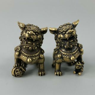Chinese Antique Collectible Rare Old Brass Handwork Pair Auspicious Lion Statue