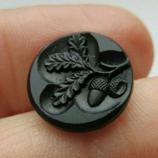 Sweet Small Antique Vtg Victorian Black Glass Picture Button Acorns 9/16 " (u)