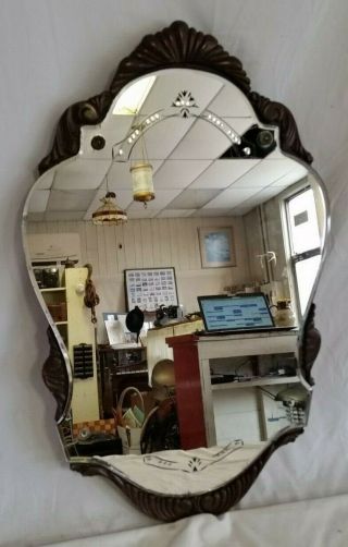 Antique Art Nouveau Curved Cut Glass Beveled Mirror,  Carved Wood Frame