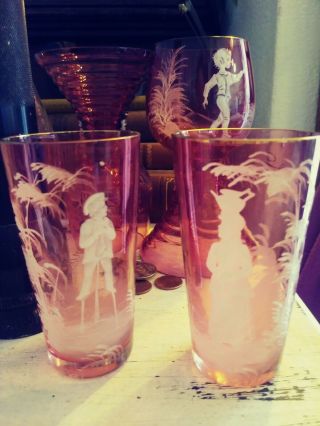 Fantastic Antique Mary Gregory Red Glass Tumblers Boy And Girl Set