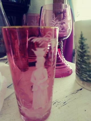Fantastic Antique Mary Gregory Red Glass Tumblers Boy And Girl Set 4