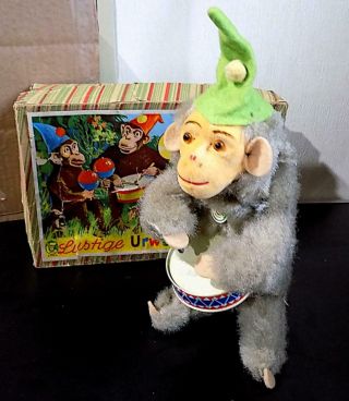 Vintage Tin Wind - Up Musical Monkey With Drum,  Max Carl,  West Germany.  Exib