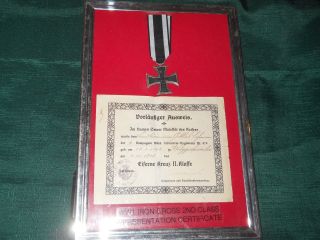Ww 1 Iron Cross W/ Certificate,  Framed,  Blood Red Background.  100 Orig