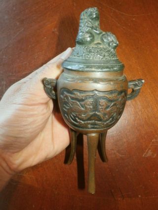 Vintage Antique Footed Brass Incense Burner W/ Diecast Lion Foo Dog Lid Cover