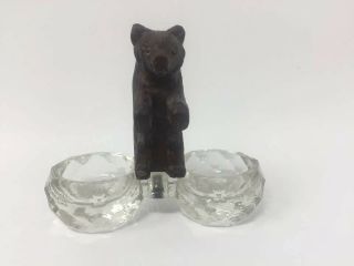 Vtg Antique Black Forest Carved Wooden Bear Double Open Salt Glass Spice Cellar