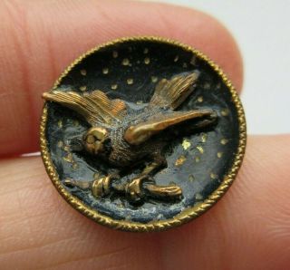 Antique Vtg Victorian Japanned Metal Picture Button Bird 3/4 " (t)