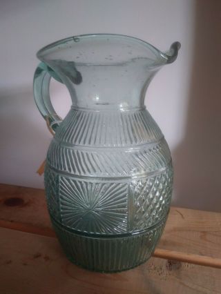 Antique Handmade Blown Glass Pitcher Sunburst Quilted Pontil