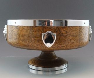 Vintage English Turned Wood Oak Pedestal Bowl Silver Chrome Shield Lion Heads