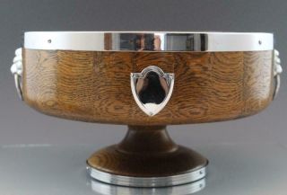 Vintage English Turned Wood Oak Pedestal Bowl Silver Chrome Shield Lion Heads 2