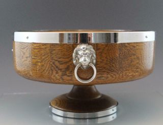 Vintage English Turned Wood Oak Pedestal Bowl Silver Chrome Shield Lion Heads 3