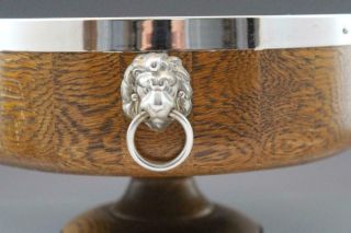 Vintage English Turned Wood Oak Pedestal Bowl Silver Chrome Shield Lion Heads 4