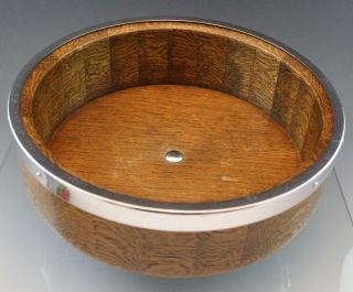 Vintage English Turned Wood Oak Pedestal Bowl Silver Chrome Shield Lion Heads 5
