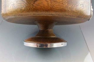 Vintage English Turned Wood Oak Pedestal Bowl Silver Chrome Shield Lion Heads 6
