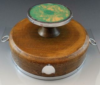 Vintage English Turned Wood Oak Pedestal Bowl Silver Chrome Shield Lion Heads 7