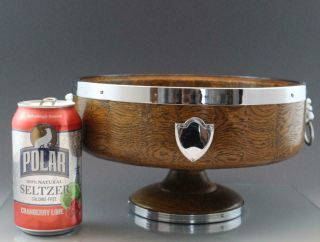 Vintage English Turned Wood Oak Pedestal Bowl Silver Chrome Shield Lion Heads 8